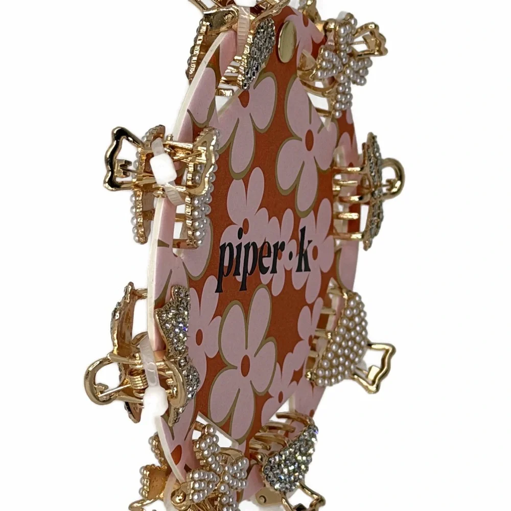 Piper K Gold Tone faux Pearl Silver Rhinestones Mini Hair Claw Clips Set of 8